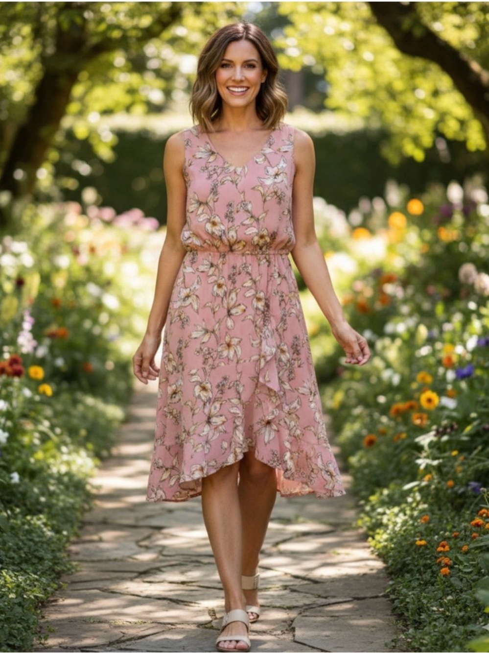 A New Day Peach Floral High Low Dress XS Sleeveless Pink Summer Sundress